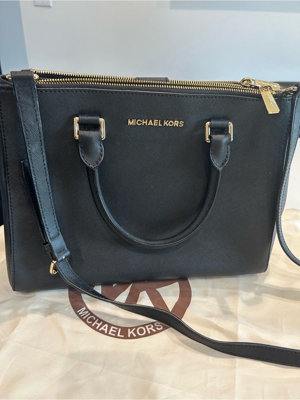 Michael Kors Black Saffiano Satchel with Gold Accents